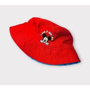 Disney Mickey Mouse Kids Bucket Hat Red Reversable Light Blue Lining Embroidered